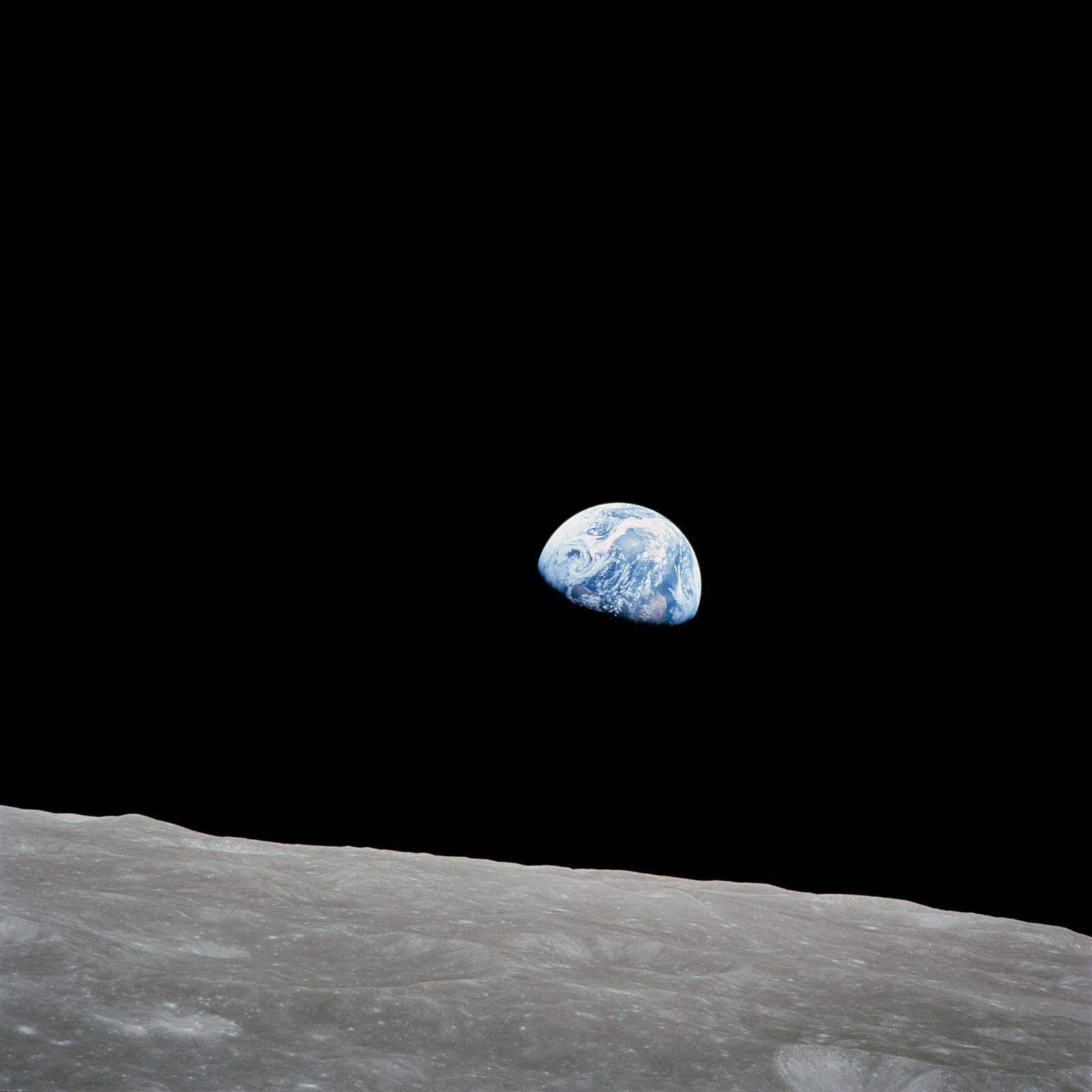 Earthrise: the Earth rising over the Moon’s horizon, photographed by the crew of Apollo 8 on 24 December 1968.